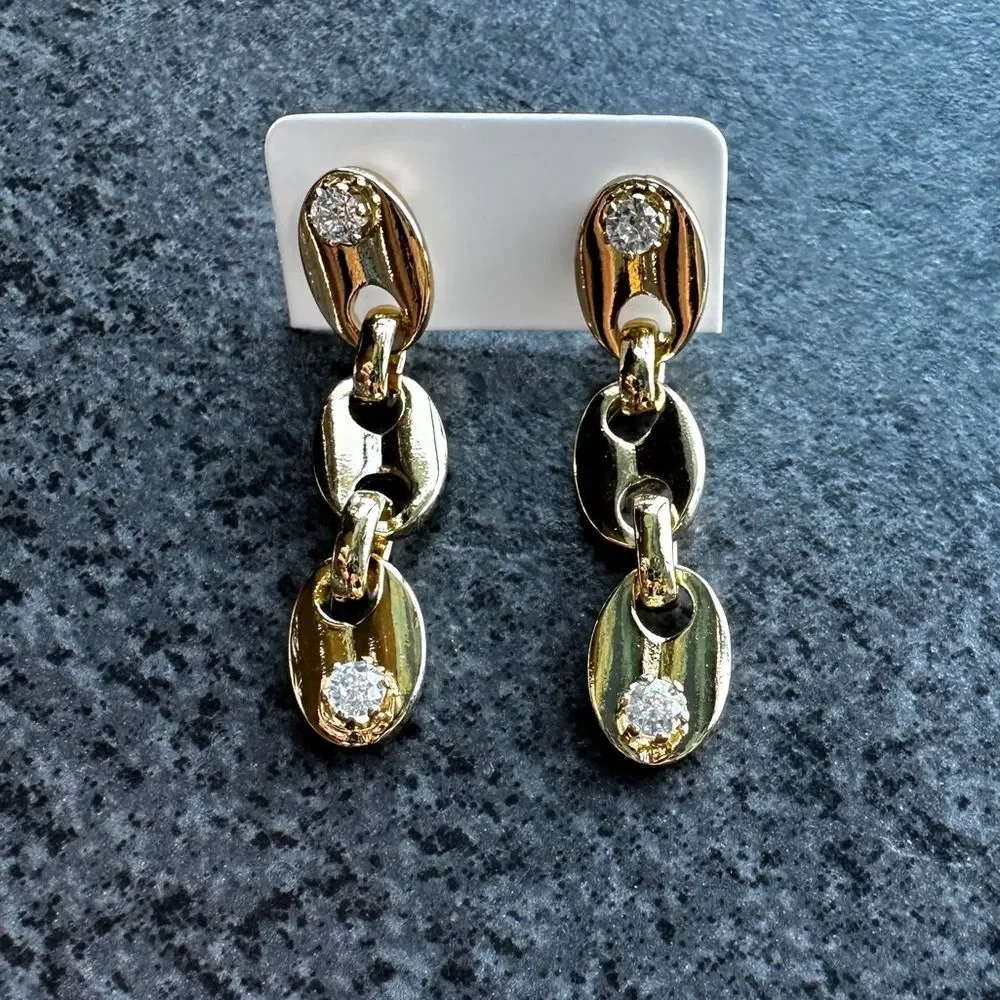 NEW 18K Yellow Gold Oval Link Dangle Drop Earrings w/ Round Clear Crystal CZ